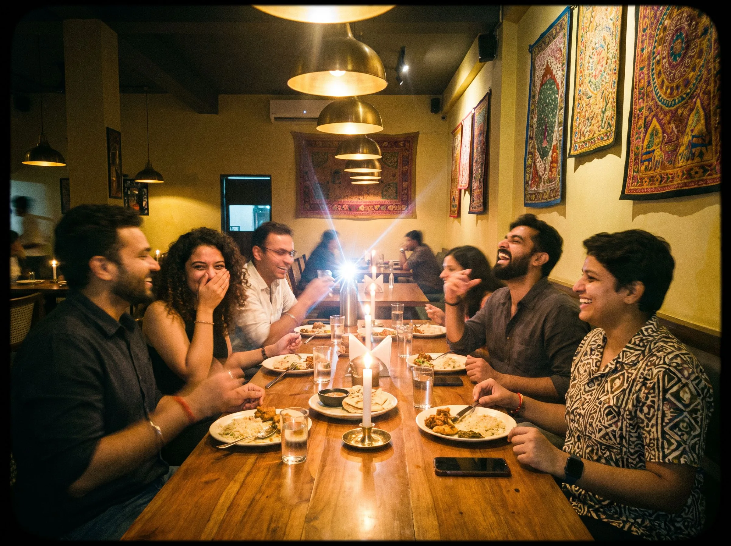 A long chef's-table dinner at a dim supper club