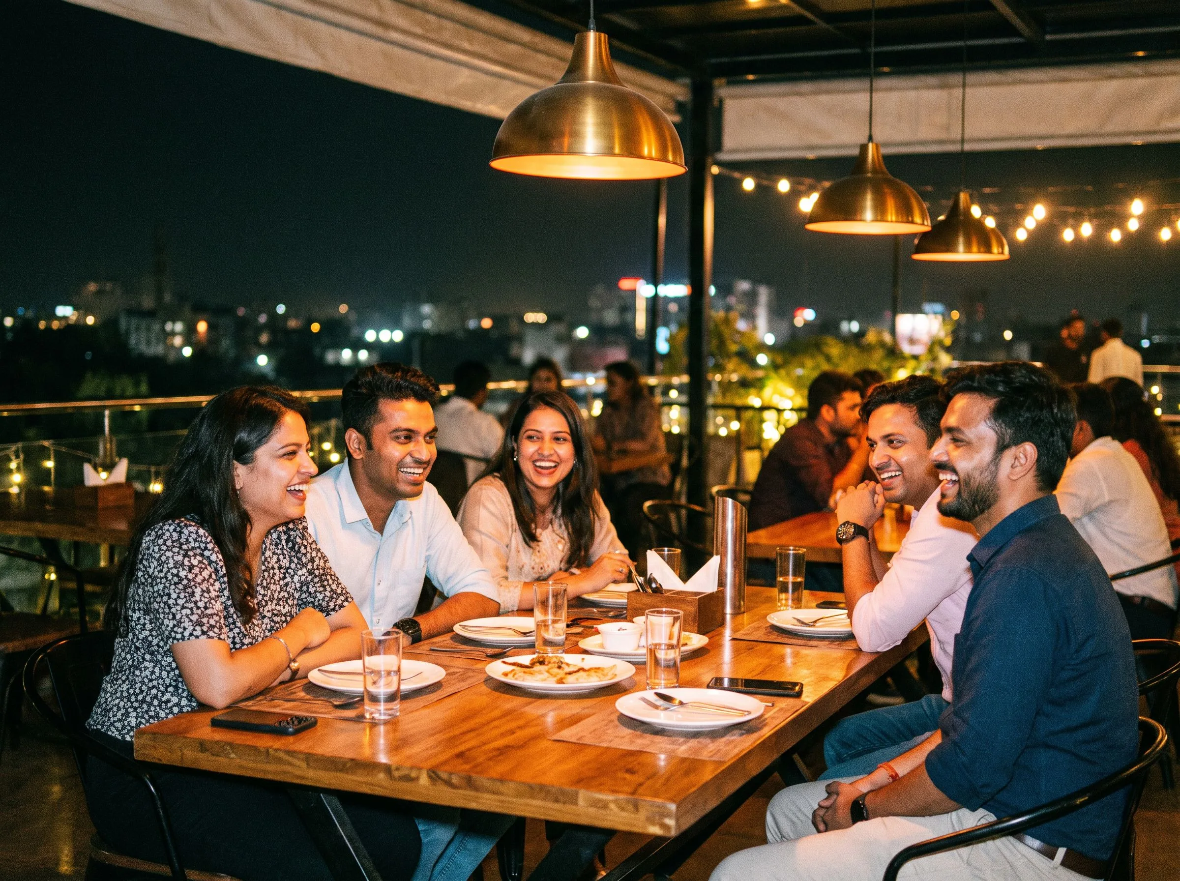 Friends mid-laugh at a rooftop